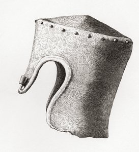Zylindrischer Helm mit Nasenschutz aus dem 13. Jahrhundert, ausgegraben in Montgomery Castle im Jahr 1841, aus Die britische Armee: Ihre Ursprünge, Fortschritte und Ausrüstung, veröffentlicht 1868.