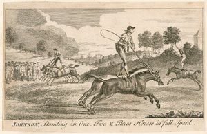 Thomas Johnson auf einem, zwei und drei Pferden im vollen Galopp von English School
