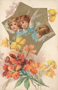 Drei Putten in einem mit Blumen verzierten Bild von English School