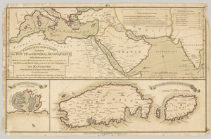 Drei gedruckte farbige Karten: Fairburns Neue Karte, die die Route von General Bonaparte im Mittelmeer zeigt, 1798 von English School