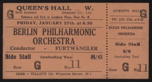 Eintrittskarte zu einem Konzert des Berliner Philharmonischen Orchesters, Queens Hall, London, Freitag, 27. Januar 1928