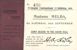 Eintrittskarte für Nellie Melba bei der Glasgow International Exhibition, 1901 von English School