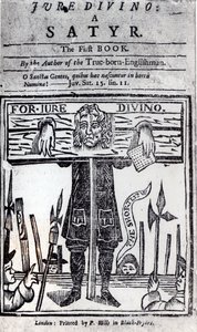 Titelseite des ersten Buches von Jure Divino - A Satyr von Daniel Defoe (1660-1731), veröffentlicht 1706