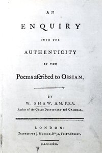 Titelseite für An enquiry into the authenticity of the poems ascribed to Ossian von William Shaw, veröffentlicht 1781 von English School