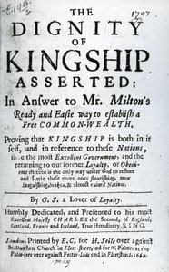 Titelseite für The Dignity of Kingship Asserted von G.S. a Lover of Loyalty, veröffentlicht 1660 von English School