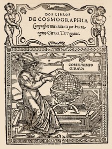 Titelseite für Zwei Bücher der Kosmographie von Hieronymo Girana Tarragones, aus The Narrative and Critical History of America, herausgegeben von Justin Winsor, London, 1886 (Holzschnitt) von English School