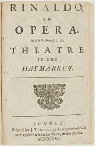 Titelseite aus dem Libretto von Händels Oper "Rinaldo", von Giacomo Rossi, 1717