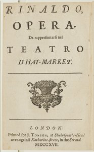 Titelseite aus dem Libretto von Händels Oper Rinaldo, von Giacomo Rossi, 1717
