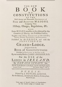Titelseite von Spratts Buch der Konstitutionen für die Großloge in Irland, 1751 von English School