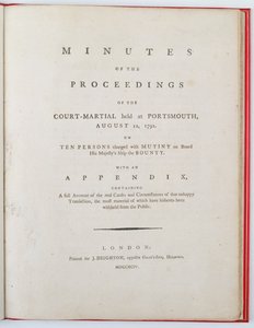 Titelseite der Protokolle des Kriegsgerichtsverfahrens in Portsmouth, 12. August 1792, veröffentlicht in London, 1794 von English School