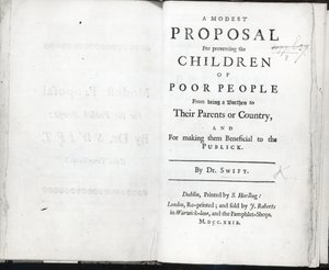 Titelseite zu Ein bescheidener Vorschlag von Jonathan Swift, veröffentlicht 1729 von English School