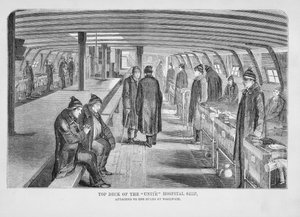 Oberdeck des Unite-Krankenhausschiffs, das an die Hulks in Woolwich angeschlossen ist, aus The Criminal Prisons of London and Scenes of Prison Life von Henry Mayhew (1812-87) und John Binny, 1862 von English School