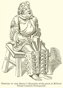 Folter der Stiefel. Faksimile des Drucks in Millaeus Praxis Criminis Persequendi von English School