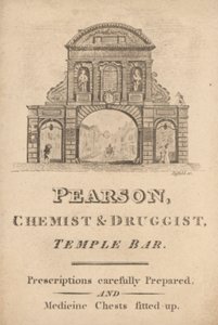 Handelskarte für Pearson, Chemiker und Drogist, Temple Bar, London (Gravur) von English School