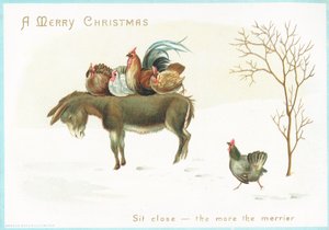 Truthahn und Huhn auf dem Rücken eines Esels, Weihnachtskarte von English School