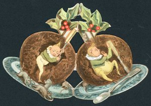 Zwei Pflaumenpuddings, Weihnachtskarte von English School