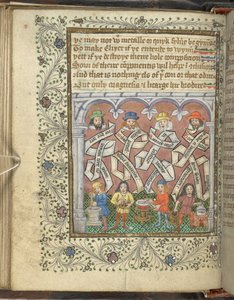 Zwei Männer mit Mörser und Stößel, ein Mann, der eine goldene Urne neben einem Feuer hält, und ein Mann, der einen Topf rührt, aus 