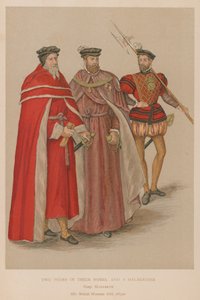 Zwei Adlige in ihren Roben und ein Hellebardier in der elisabethanischen Ära von English School