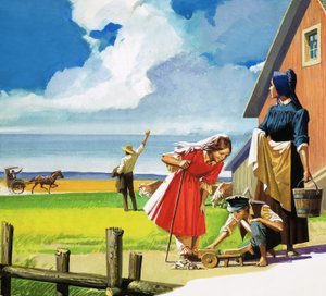 Unidentifizierte amerikanische ländliche Szene mit Quäkerfamilie von English School