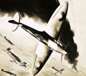 Unidentifizierte Spitfire im Luftkampf mit deutschen Jägern von English School