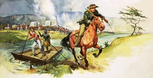 Unbekannter Cowboy reitet vom Fluss weg, während englische Soldaten am anderen Ufer angegriffen werden
