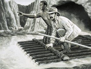Unbekannter Mann und Einheimischer auf einem Floß
