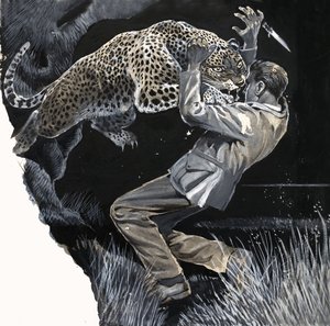 Unidentifizierter Mann wird von einem Leoparden angegriffen von English School