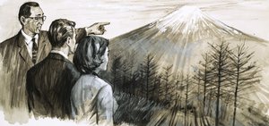 Unbekannter Mann zeigt auf den Berg Fuji in Japan von English School