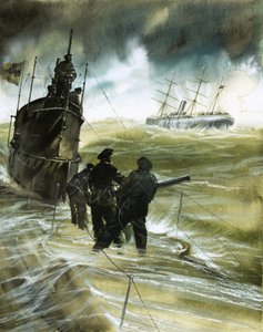 Unbekannte Soldaten auf dem Deck eines U-Boots mit Boot am Horizont