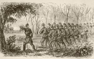 Unionssoldaten auf dem Plateau bei der ersten Schlacht von Bull Run (Lithografie) von English School
