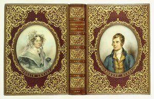 Obere und untere Einbände und Rücken mit ovalen Porträts von Robert Burns und Jessie Lewars