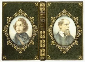 Obere und untere Einbände, mit zwei ovalen Porträts von Charles Dickens