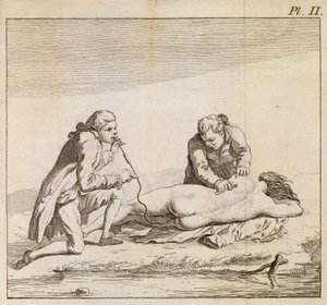 Verwendung eines Rauchgeräts, um Tabakrauch in den Darm einer ertrunkenen Frau zu blasen, um die Wiederbelebung zu unterstützen, um 1790 (Gravur) von English School