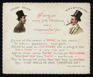 Vers, der Männern rät, die pleite sind, ihre reichen Freunde zu Weihnachten aufzusuchen, um Geld zu leihen, Grußkarte von English School