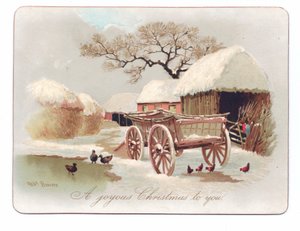 Viktorianische Weihnachtskarte mit Enten und Hühnern in der Nähe eines Teichs auf einem Bauernhof, ca. 1880
