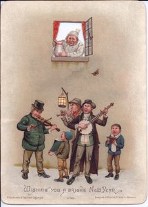Viktorianische Neujahrskarte mit einem Mann im Nachthemd, der sich darauf vorbereitet, einen Krug Wasser auf Straßenmusiker zu gießen, ca. 1880 von English School