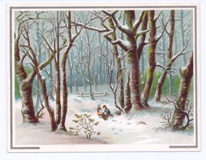 Viktorianische Grußkarte mit zwei Kindern, die im Schnee Zweige sammeln, ca. 1880