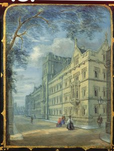 Viktorianisches Nähschrankpanel dekoriert mit einer Szene des Exeter College, Oxford