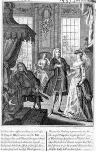 Betrachten Sie hier drei verschiedene Zustände im wirklichen Leben - der Zuhälter, die verlassene Miss und die Ehefrau, 1735-6 von English School
