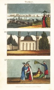 Ansicht von Konstantinopel (Istanbul) im frühen 19. Jahrhundert: Muslimische Moschee mit Kuppel und Minaretten und junge griechische Frauen, die sich auf die Augen küssen von English School