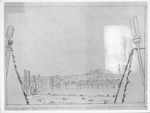 Ansicht der Roxborough-Kirche, Kings Arms und die Schornsteine des Browns House, von einer Schießscharte zwischen dem Sally-Port und dem rechten Bastion der Linien, 1776 von English School