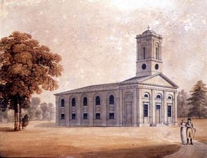 Ansicht einer neoklassizistischen Kirche in einem Park, ca. 1790