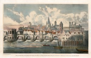 Ansicht der Ostseite der alten London Bridge aus den BM Royal MSS von English School