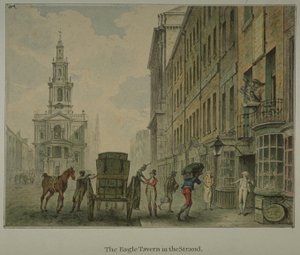 Ansicht der Eagle Tavern in der Strand, Westminster, mit einem Mann, der Waren von einem Pferdewagen auf der Straße entlädt, und St Mary le Strand in der Ferne, um 1800 (Aquarell auf Papier)