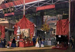 Ansicht des Klier und Sons Musikinstrumentenstands im norddeutschen Bereich der Großen Ausstellung von 1851, aus Dickinsons umfassenden Bildern (Farblithografie)