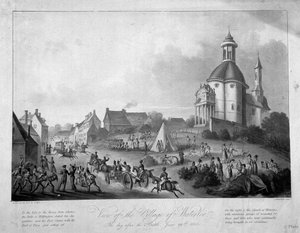 Ansicht des Dorfes Waterloo am Tag nach der Schlacht, 19. Juni 1815, 1816 (farbige Aquatinta) von English School