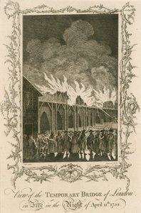 Ansicht der provisorischen Brücke von London, die in der Nacht des 11. April 1758 brannte von English School