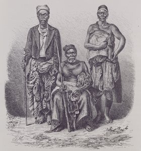 Dorfhäuptling der Loango-Küste, mit Frau und Würdenträger, graviert nach einem Foto von Dr. Falkenstein, aus 
