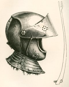 Visierhelm aus ca. 1643. Das Stück an der Seite ist die Visierstütze, in voller Größe, verwendet, um das Visier in verschiedenen Winkeln zu halten, je nach verwendetem Kerbe, aus Die britische Armee: Ihre Ursprünge, Fortschritte und Ausrüstung, veröffentli von English School