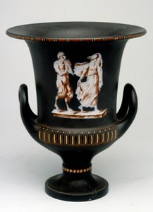 Wedgwood-Vase, die ein junges Mädchen und einen schwarzen Keramiksatyr darstellt, bemalt „mit der Enkaustik“. England, um 1775 - 1790. Münzkabinett, BN in Paris